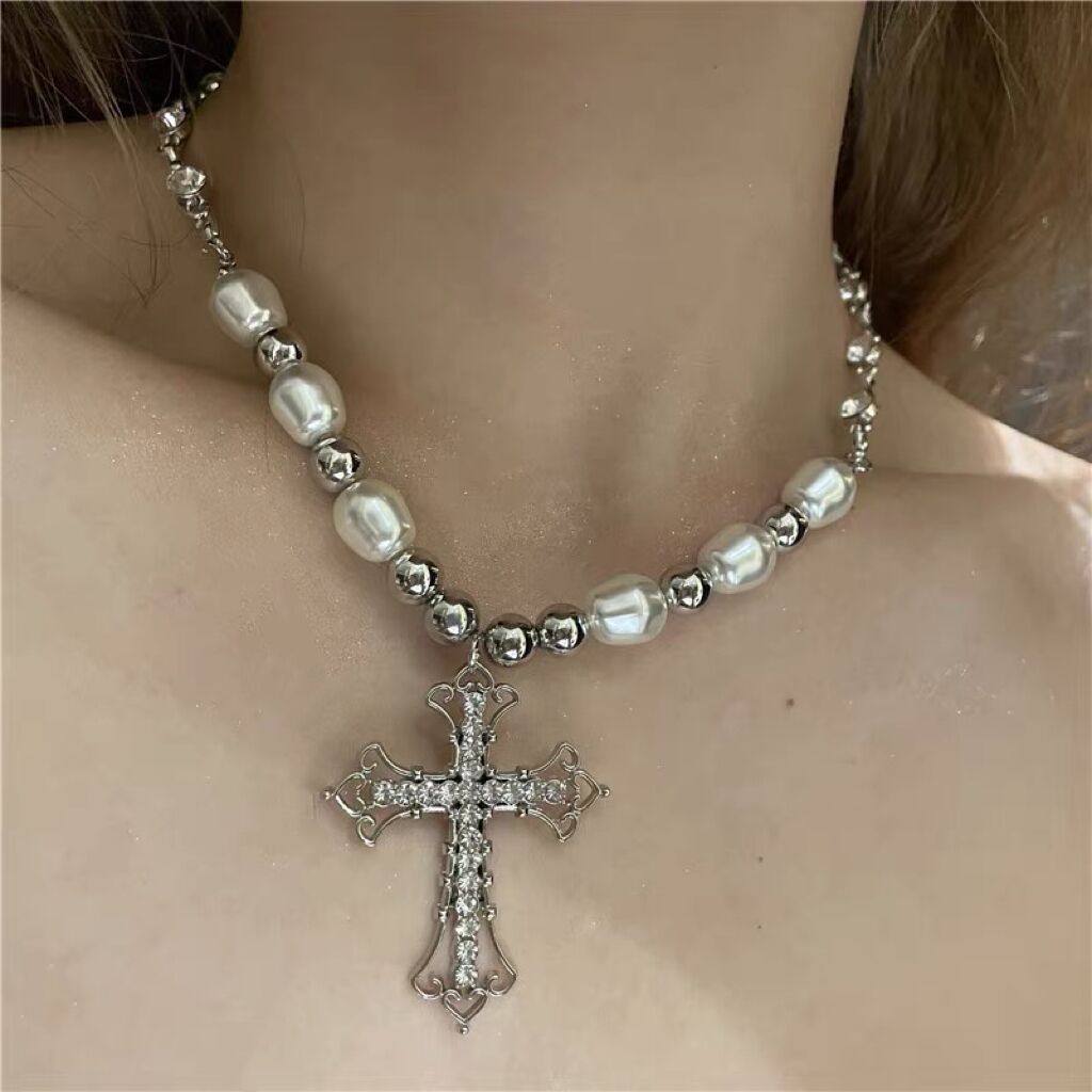 Hiphop Retro Pearl Punk Dark Gothic Cross Pendant Necklace