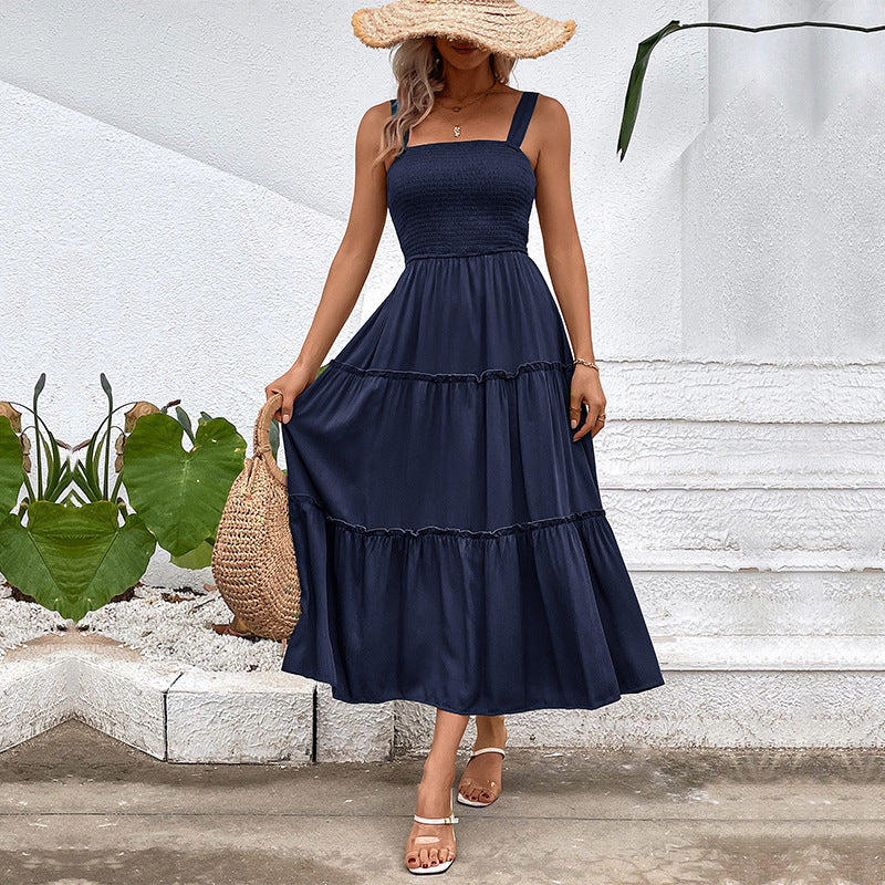 Square Neck Strap Smocked Shirred Tiered A-Line Midi Dress