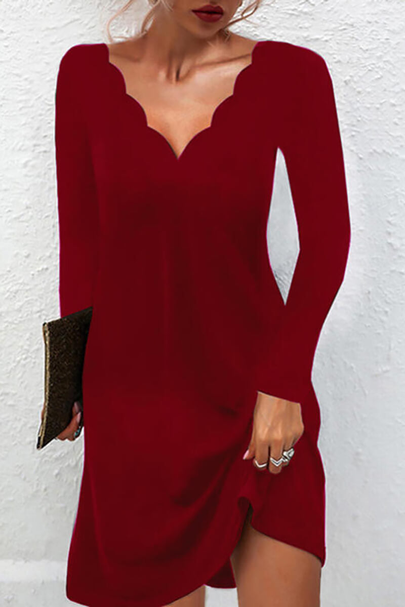 Diana Statement Long Sleeve V Neck Dress with Scalloped Hem Boutique Collection