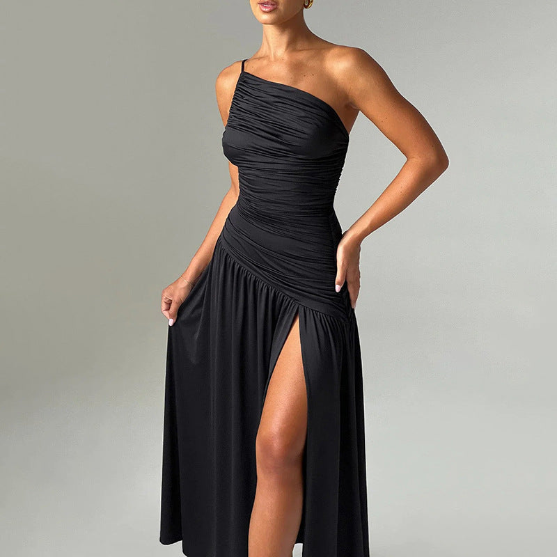 Sling Shoulder Pleated Split A Line Dress Slim Fit Maxi