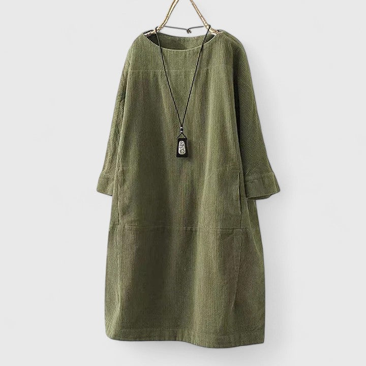 Round Neck Corduroy Long Sleeve Pocket Shift Midi Dress