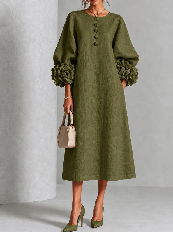 Round Neck Rosette Applique Puff Sleeve Button A-Line Midi Dress 12