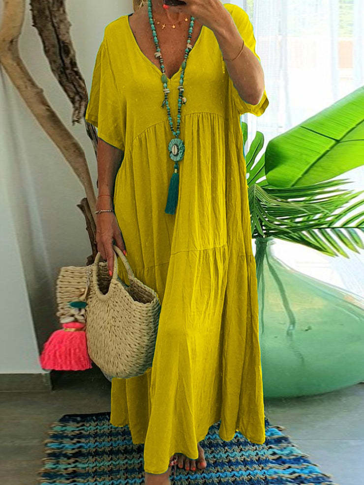 V-Neck Short Sleeve Tiered A-Line Flowy Maxi Dress