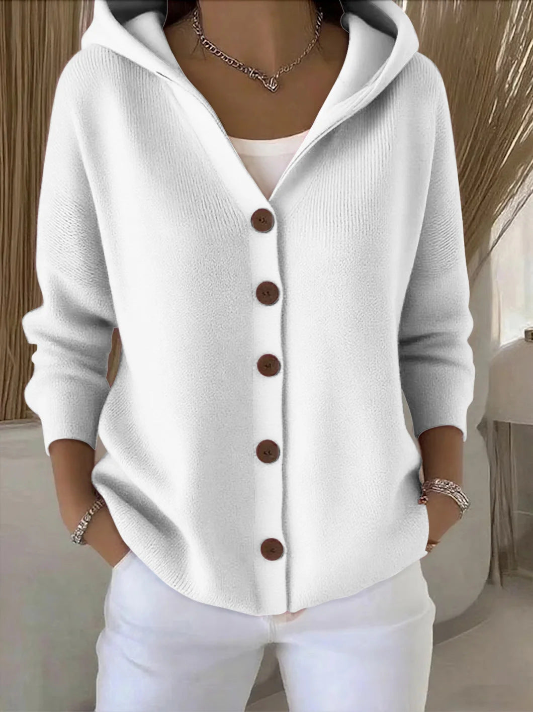 Hooded Knit Button Front Long Sleeve Cardigan 5