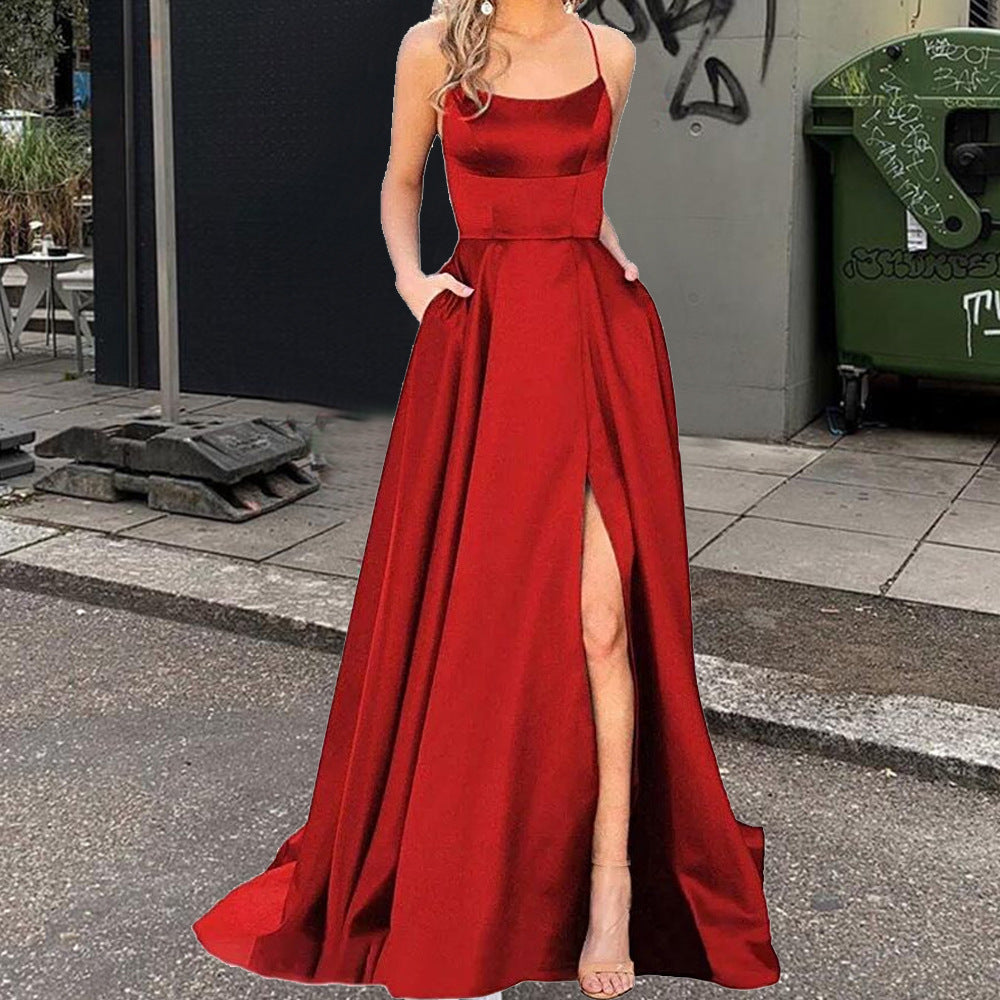 Spaghetti Strap Scoop Neck Satin High Slit A-Line Maxi Gown