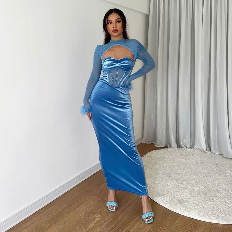 Fall Plush Mesh Stitching Night Club Hollow Out Cutout Dress Slim Fit Dress