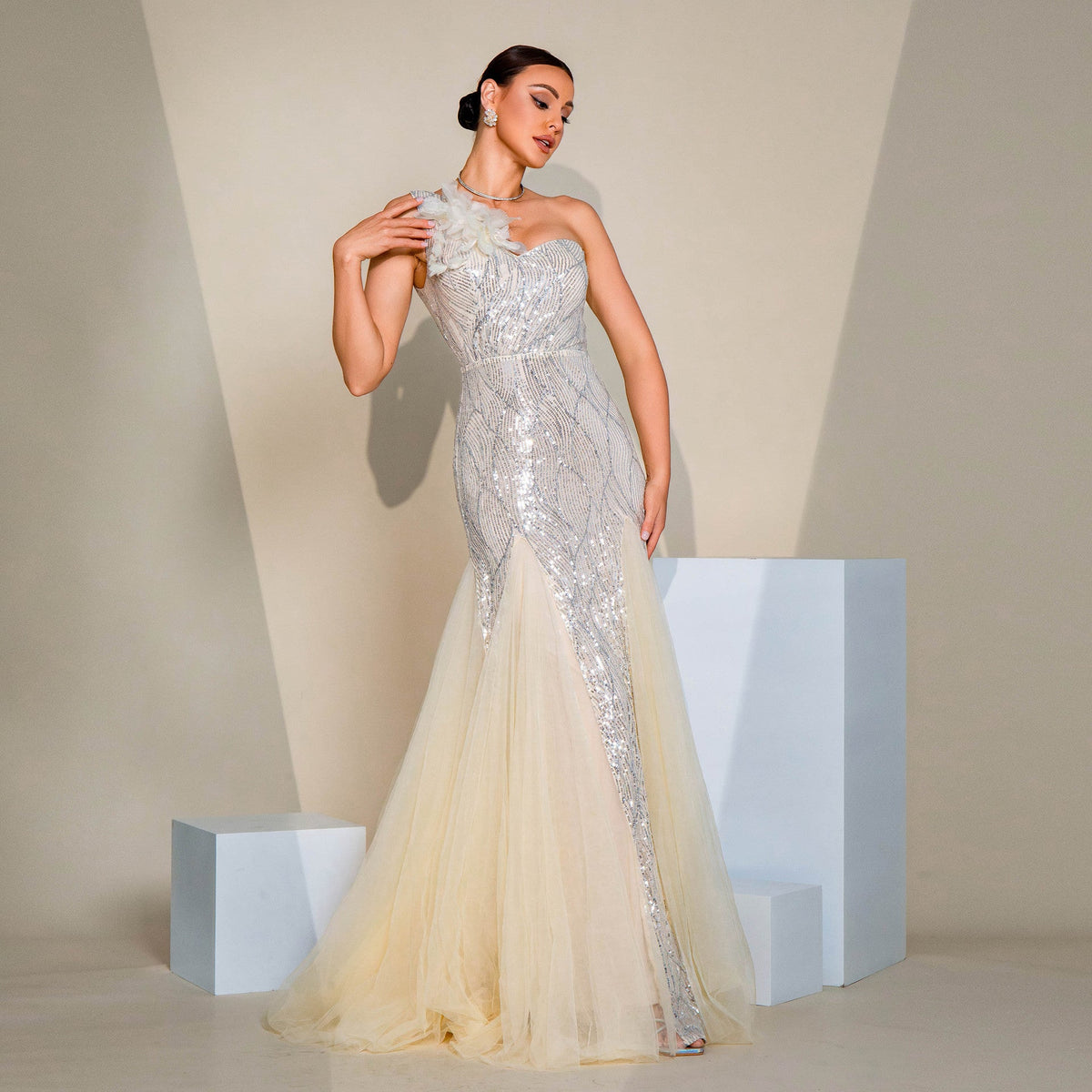 Beige One Shoulder Floral Applique Sequin Tulle A-Line Maxi Gown