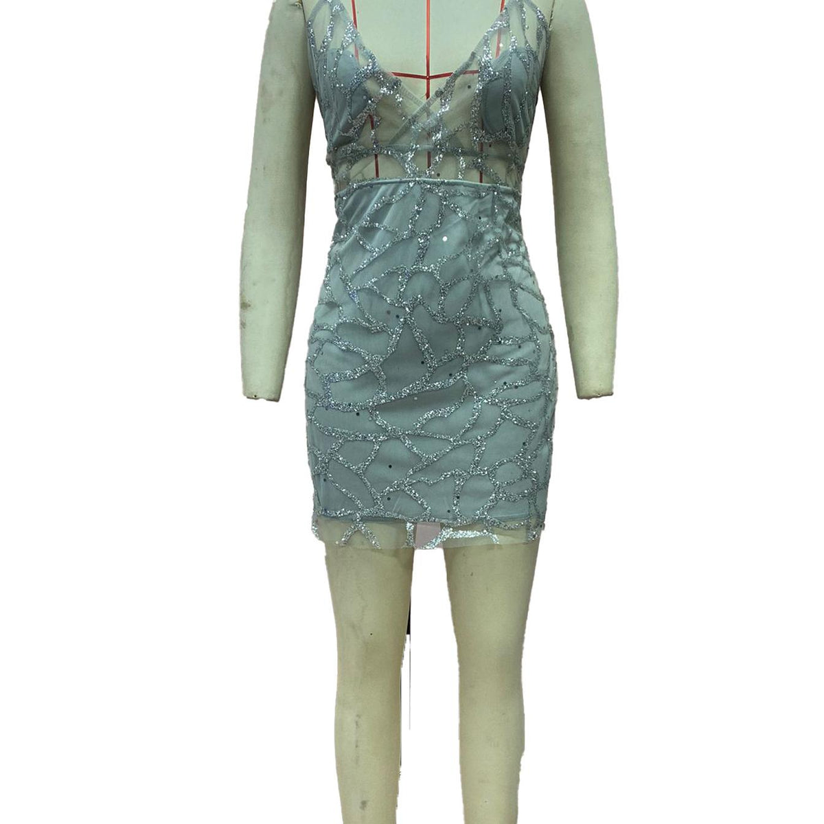 Silver Spaghetti Strap Deep Plunge Sequin Embellished Bodycon Mini Dress 6