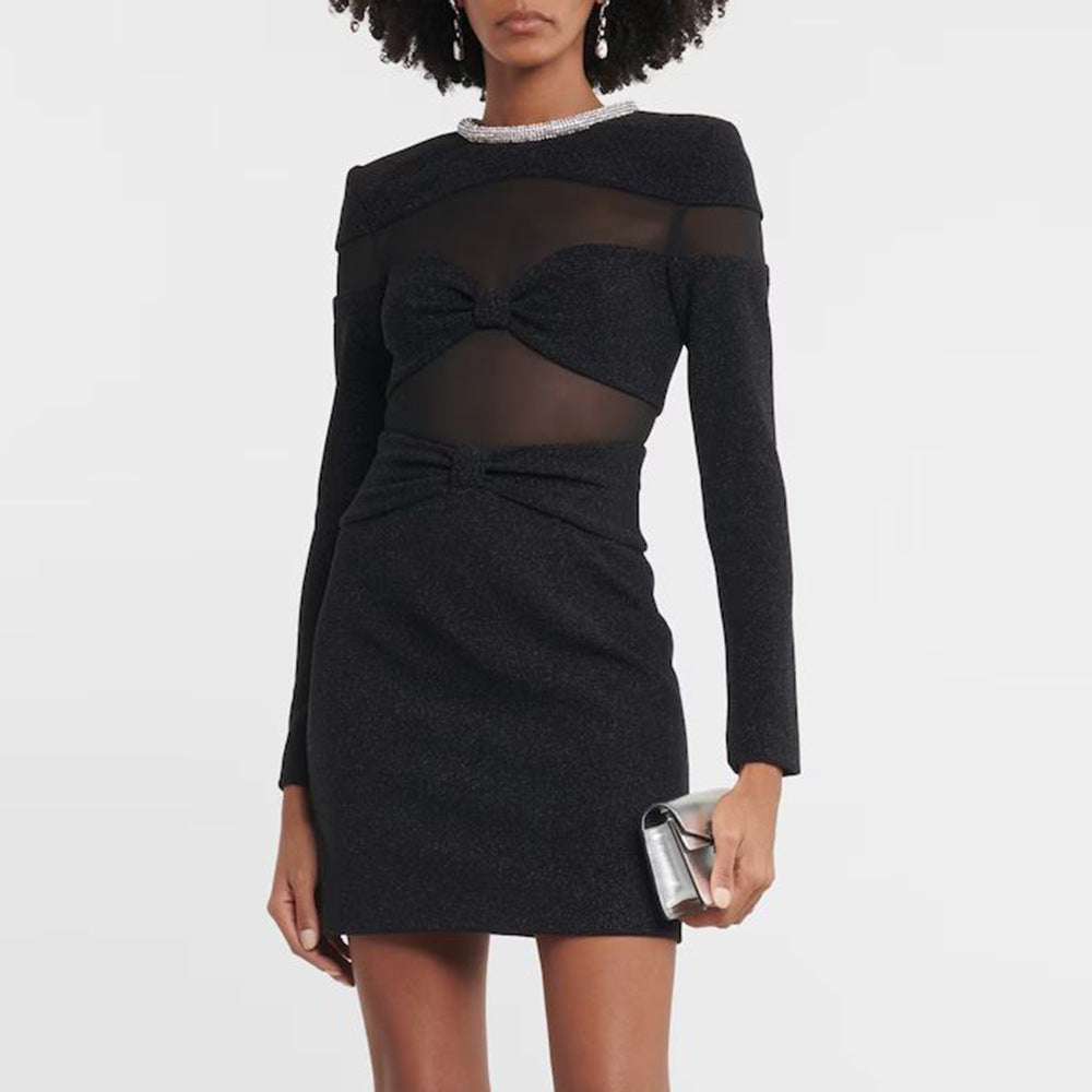 Bow Mesh Rhinestone Strip Dress Black Long Sleeve Semi Transparent