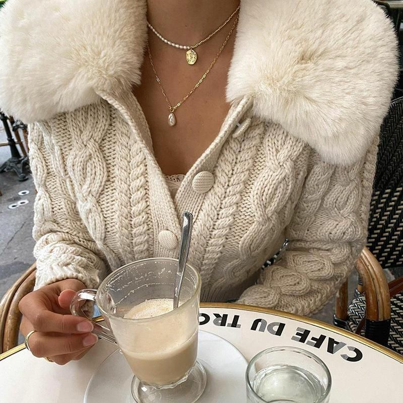 Beige Faux Fur Collar Cable Knit Button Front Cropped Cardigan
