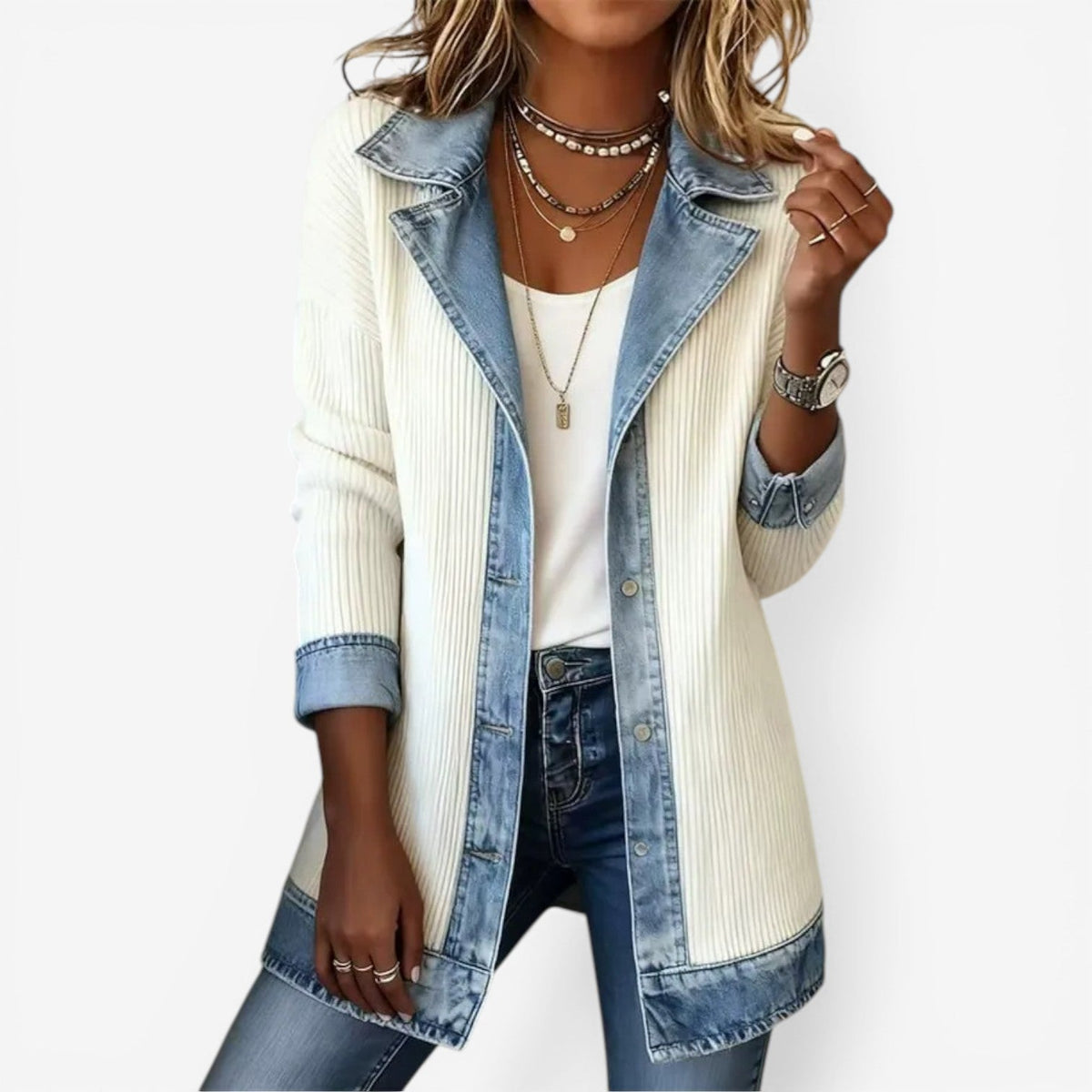 Notched Lapel Corduroy Denim Contrast Button Front Jacket