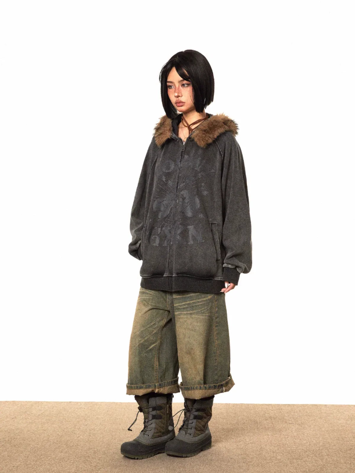 Fur-Trimmed Vintage Zip-Up Jacket