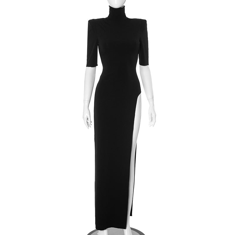 Solid Color Turtleneck Padded Shoulder High Waist Slim Fit Slit Long Dress