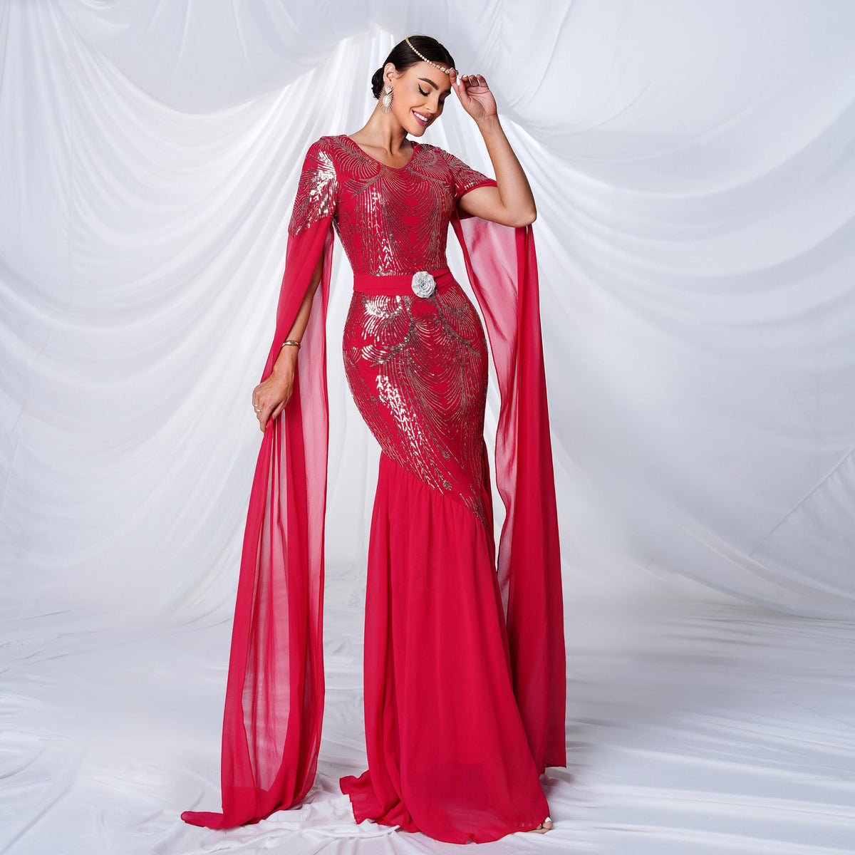Red Round Neck Sequin Chiffon Cape Sleeve Mermaid Maxi Gown