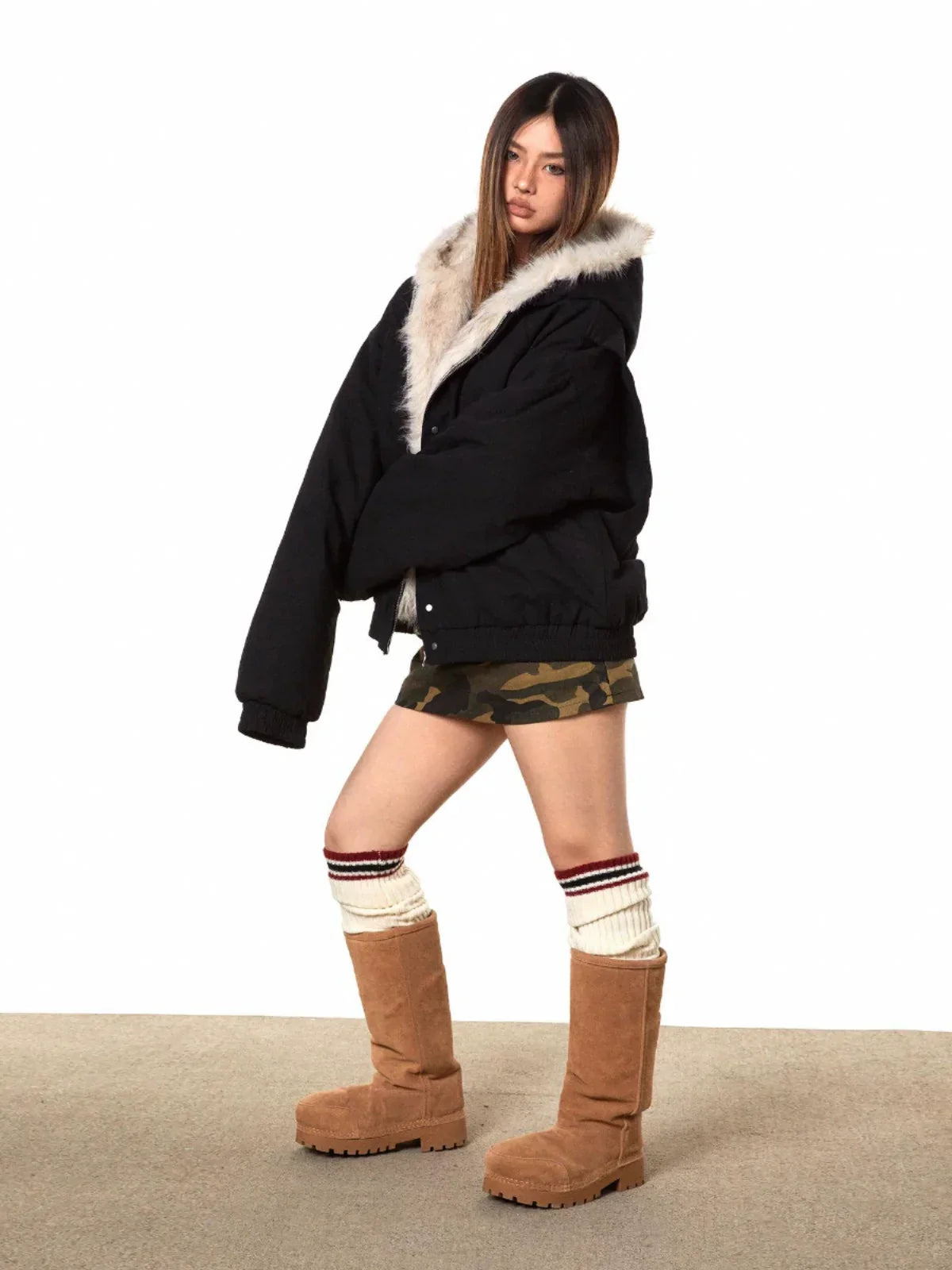 Fur-Lined Oversized Bomber Jacket