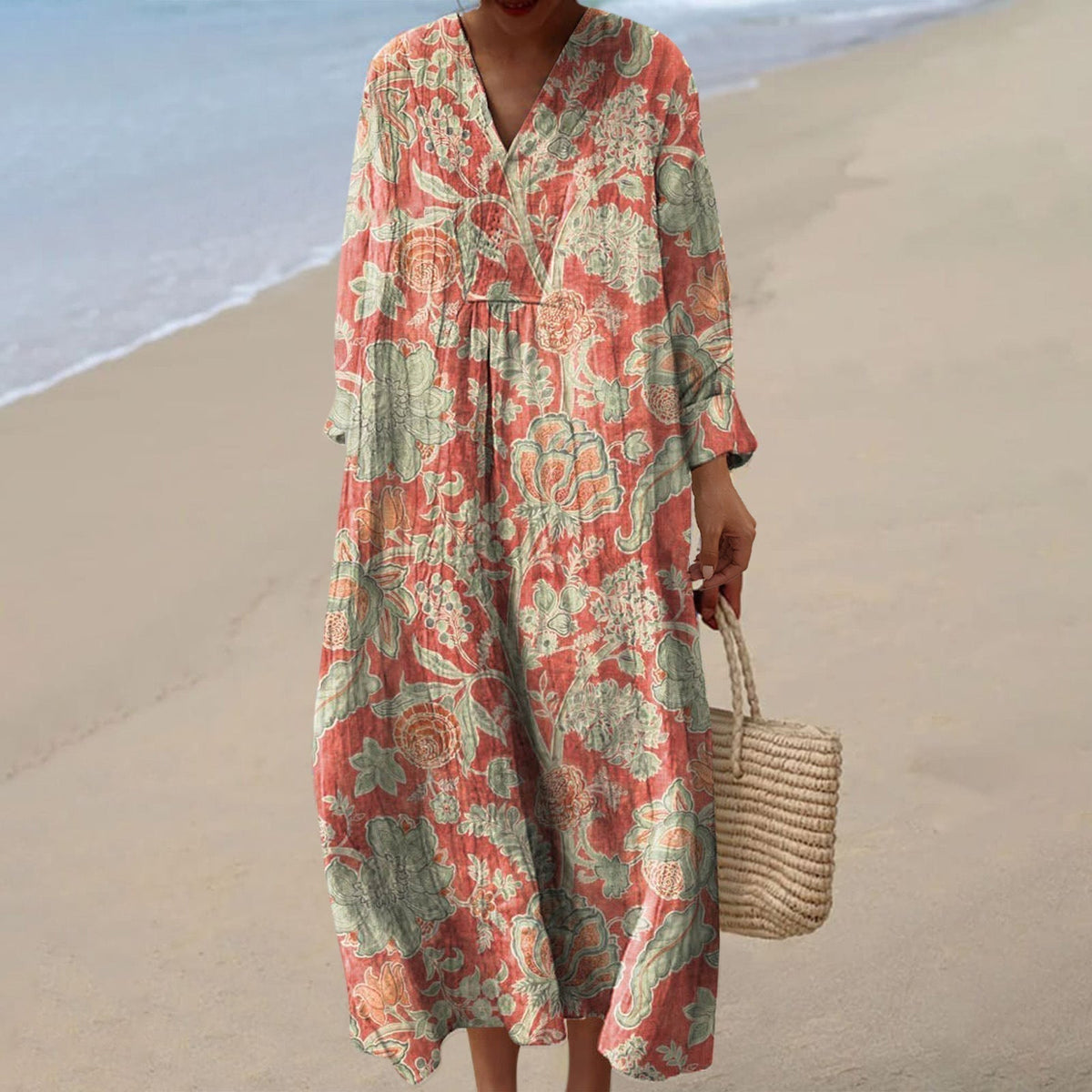 Split Neck Floral Print Long Sleeve Loose Linen Maxi Dress
