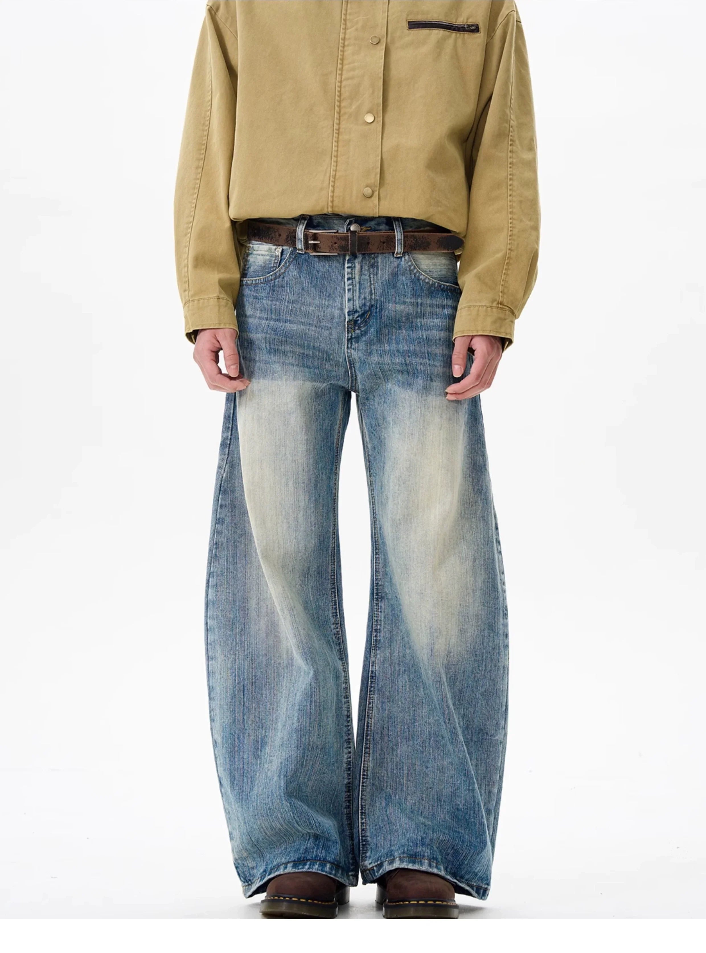 Heavy Knee Distressed Wide Leg Blue Jeans