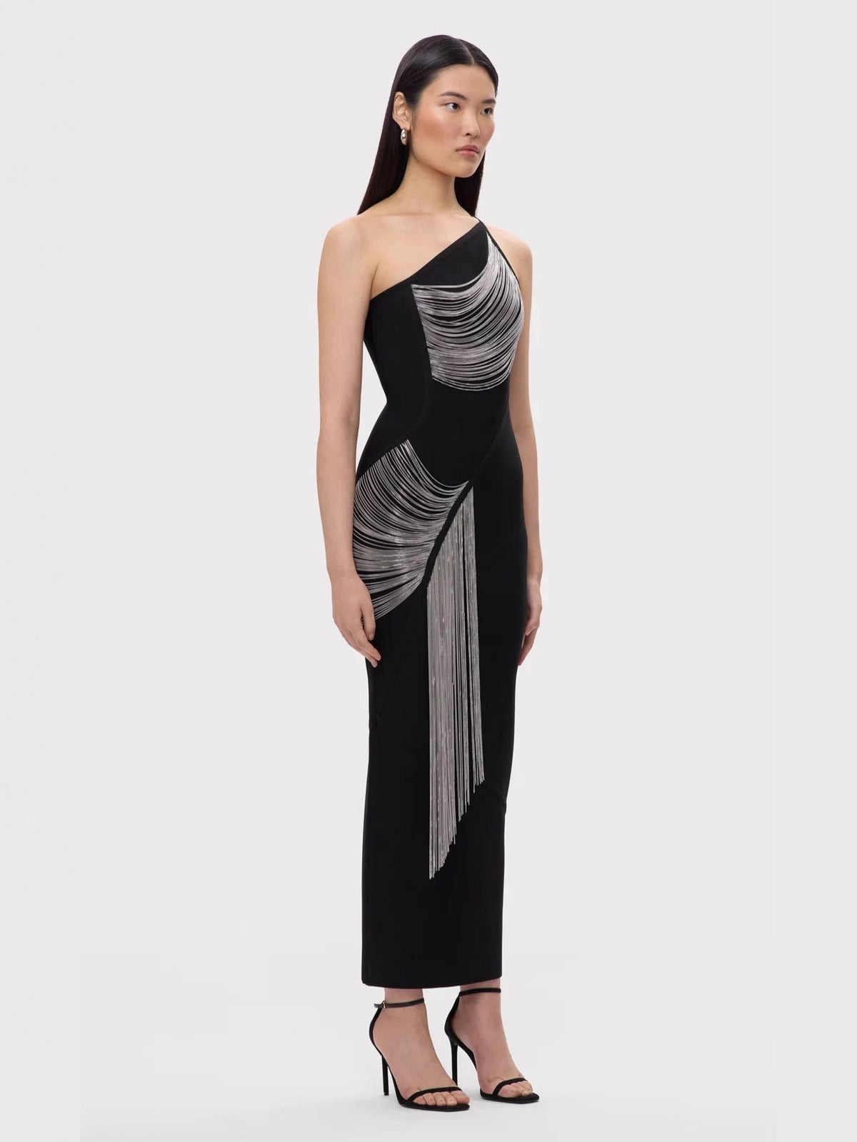 Black One-Shoulder Chain Fringe Draped Bodycon Maxi Dress