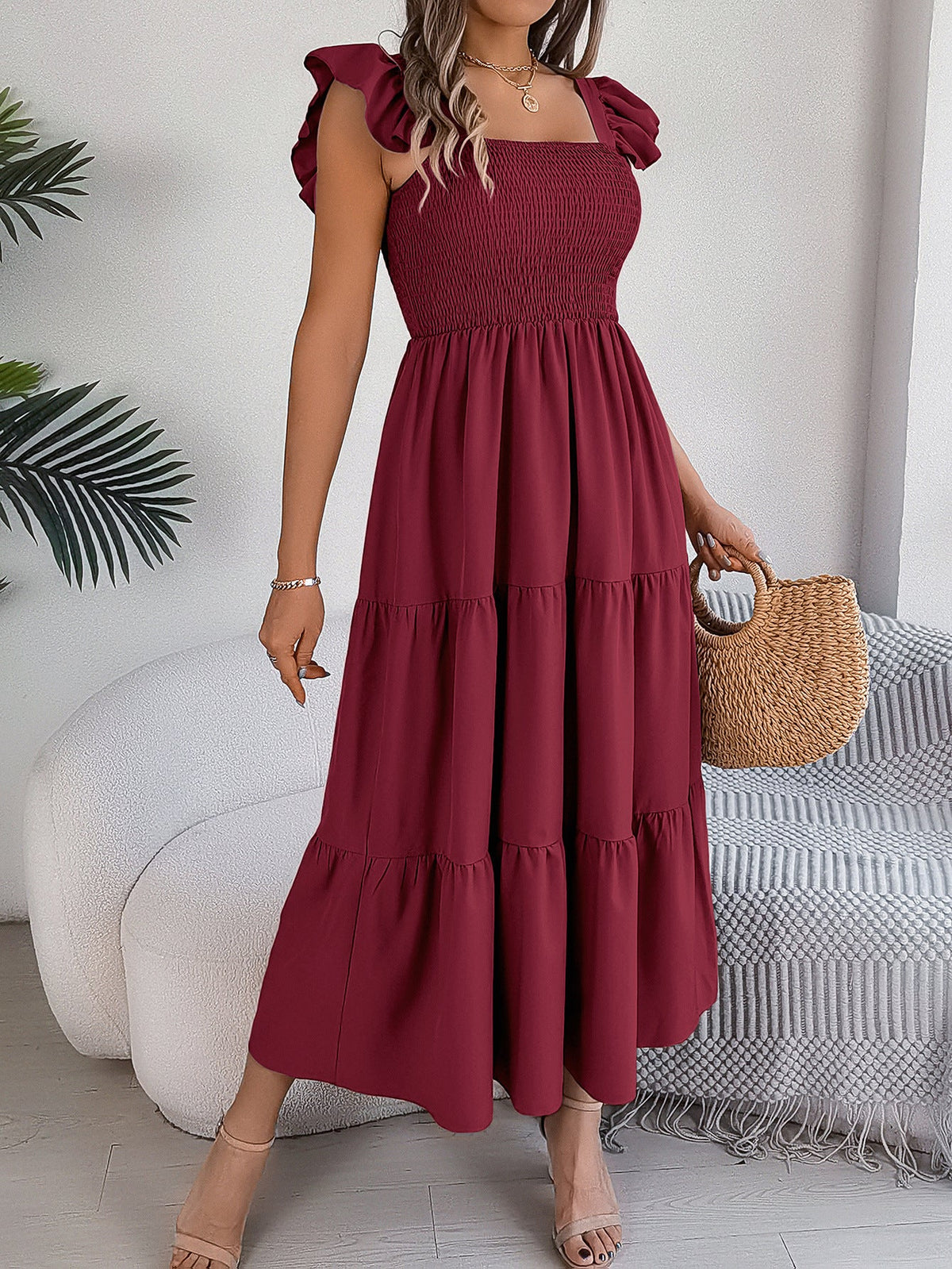 Wine Red Square Neck Flutter Sleeve Shirred Tiered Flowy Midi Dress 5