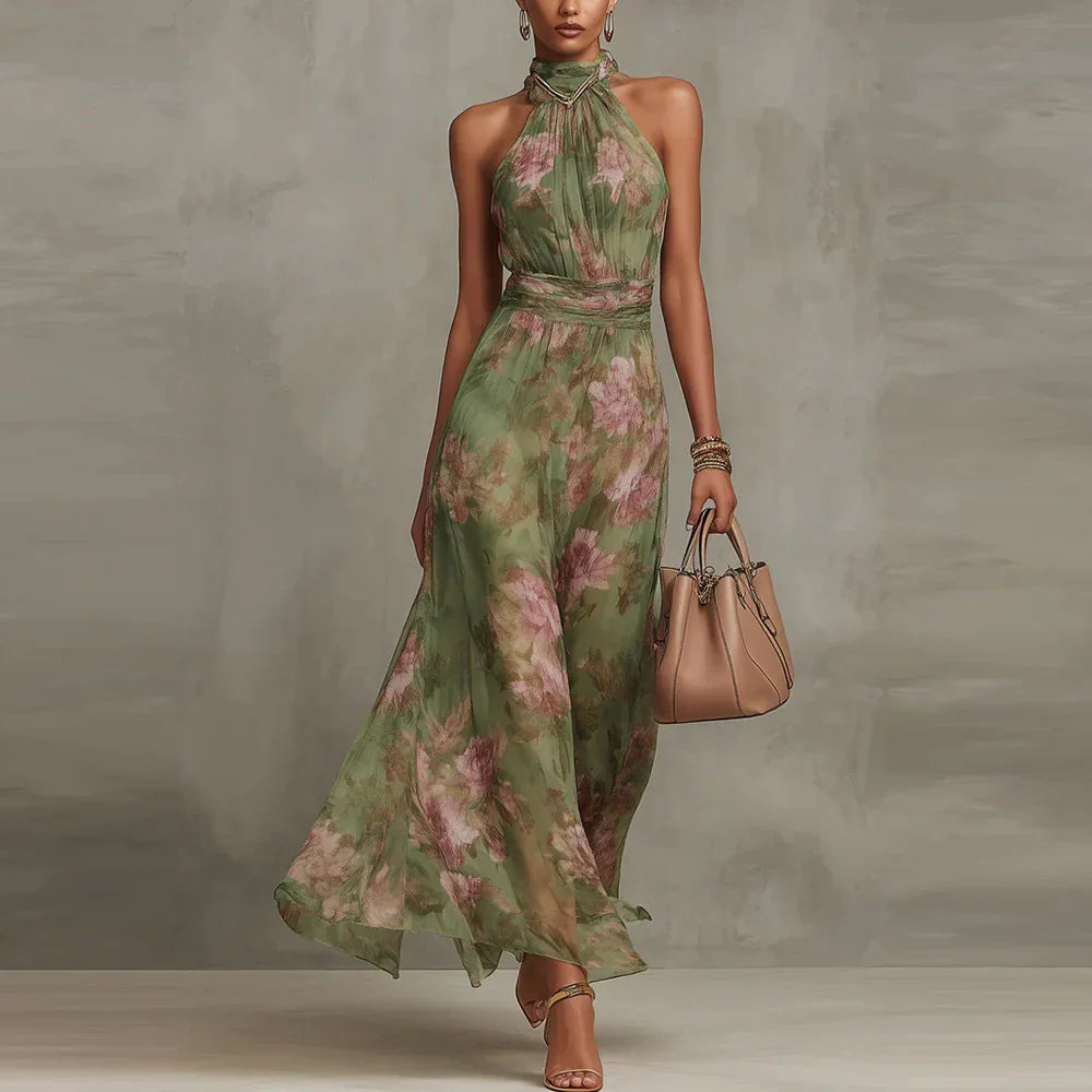 Halter Neck Floral Print Chiffon Sleeveless A-Line Maxi Dress