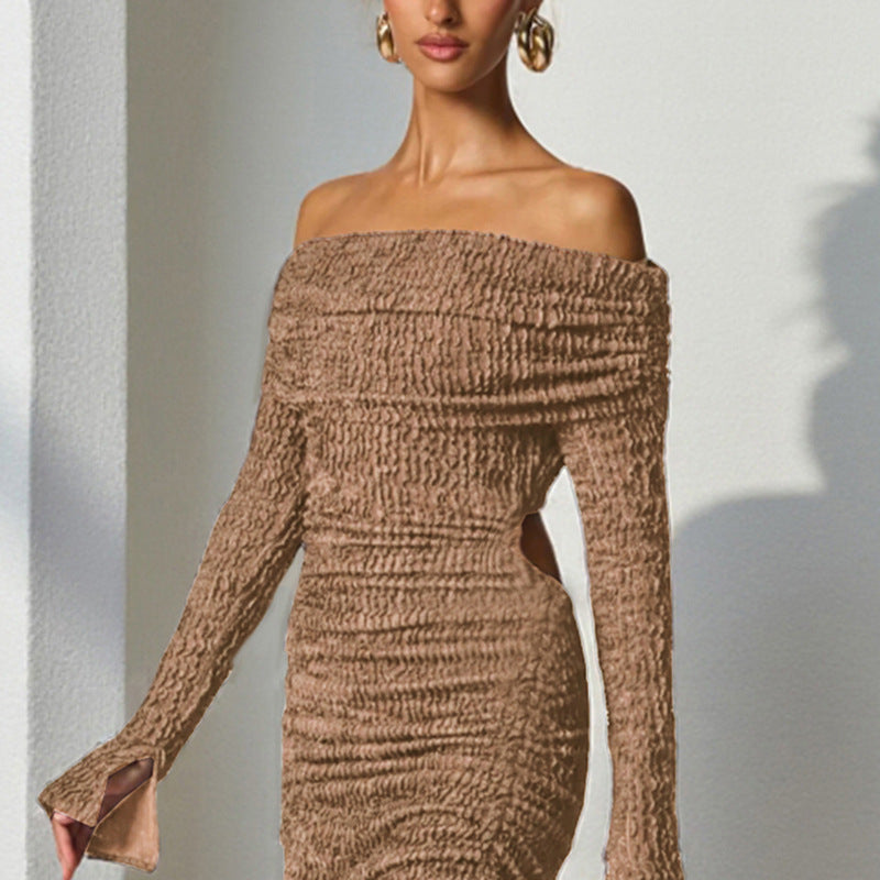 Beige Off-Shoulder Long Sleeve Textured Cutout Bodycon Midi Dress