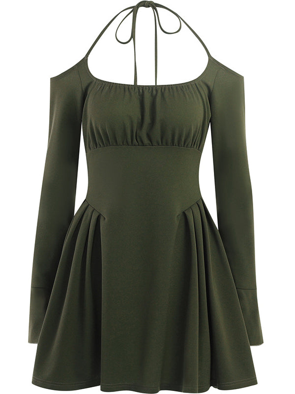 Green Cold Shoulder Dress With Fairycore Vibes M / Black Long Sleeve Skater Dress