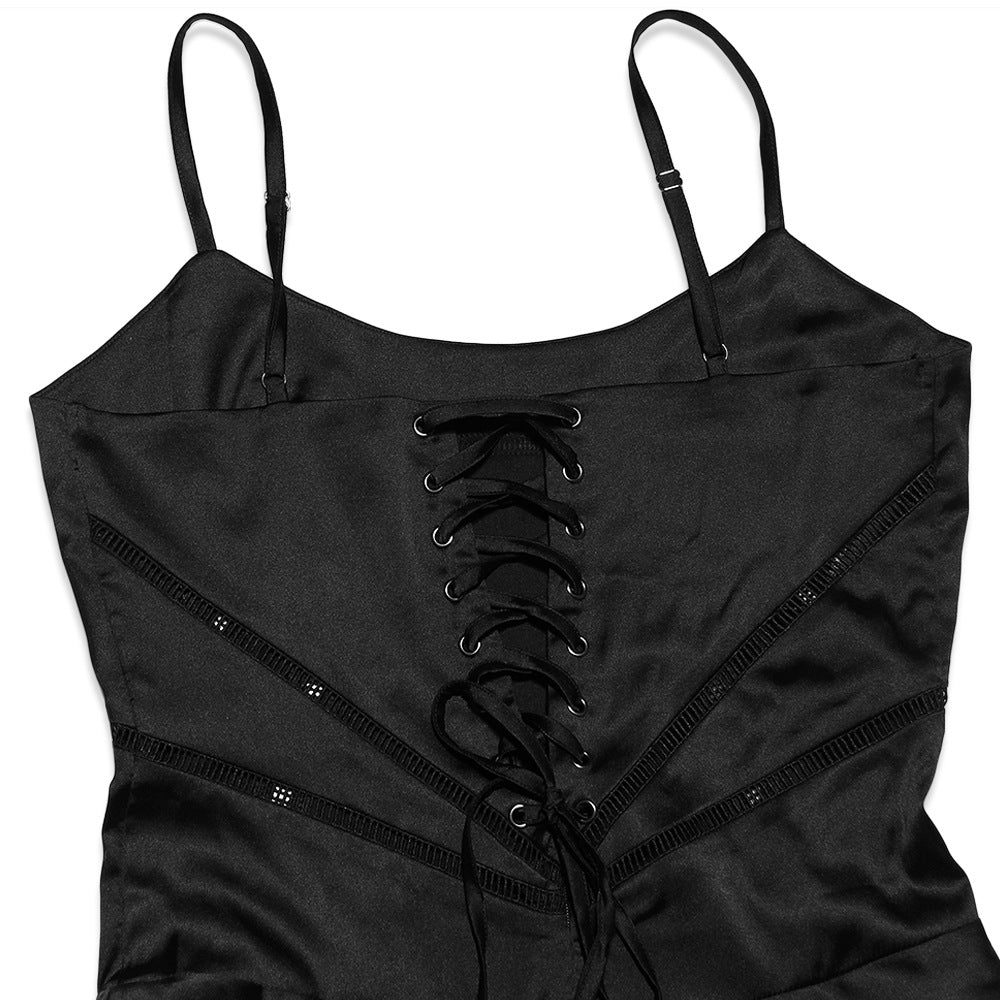 Square Neck Pintuck Trim Lace Up Back Satin Slip Maxi Dress - Black