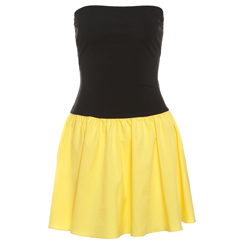 One-Shoulder Pleated Dress With Patchwork