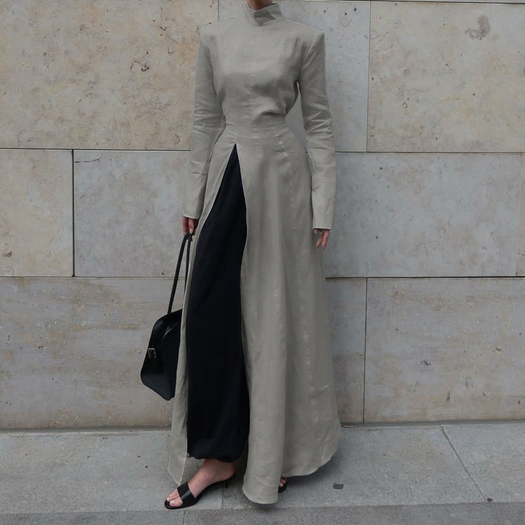 Women Clothing Design Split Spring Stand Collar Long Sleeve High Waist French Maxi Dress