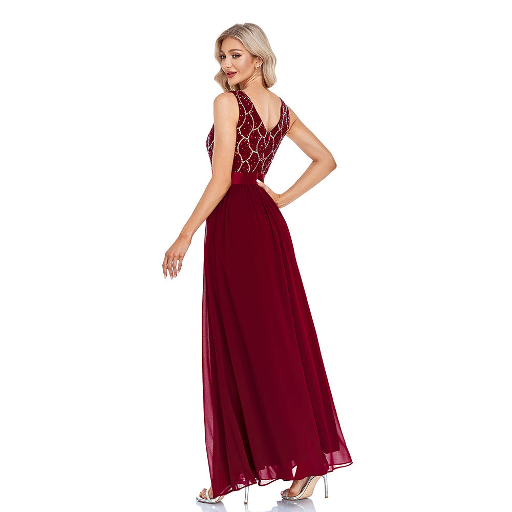 Double V Neck Sleeveless Sequined Chiffon Floor Length A Line Evening Dress Thirteen Party Dress