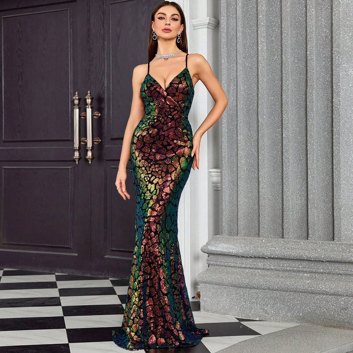 V neck Brace Evening Dress Fishtail Elegant Dress Annual Party Party Host Formal