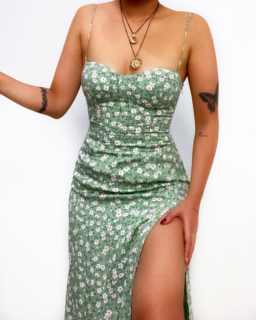 Floral Print Slim Fit Lacing Dress