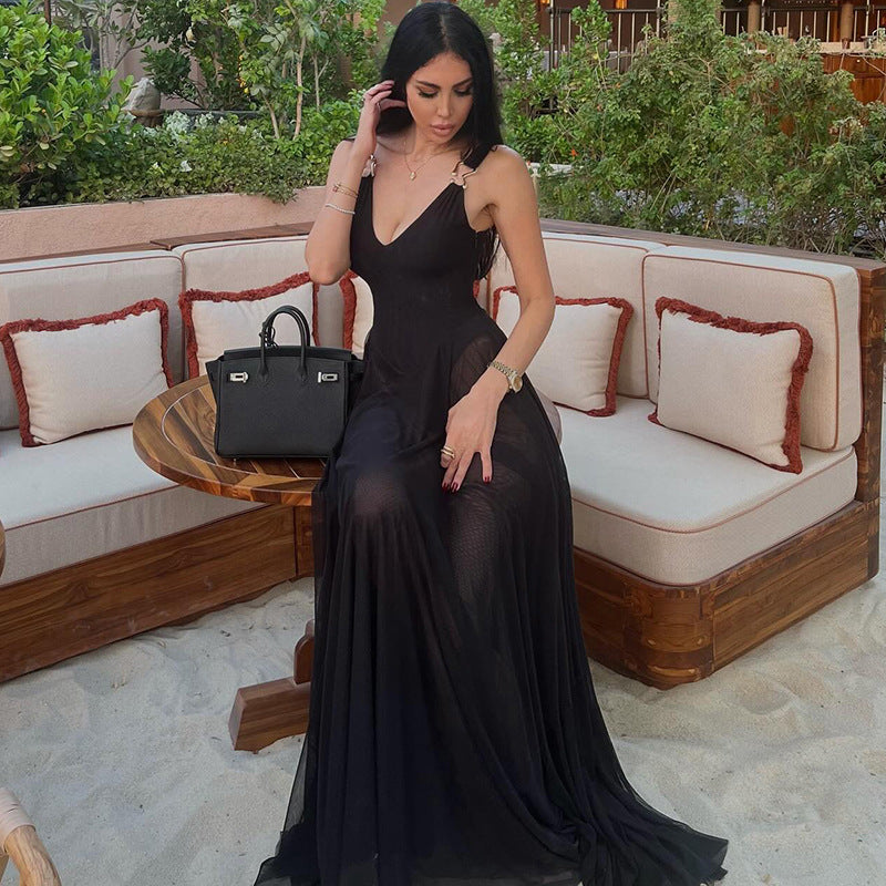 Slim V neck Backless Strap Mesh Dress