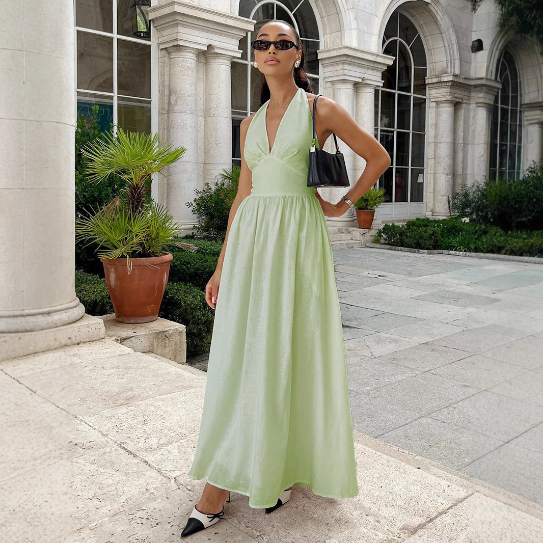 Cotton Waist V-Veck Tie-Down Dress
