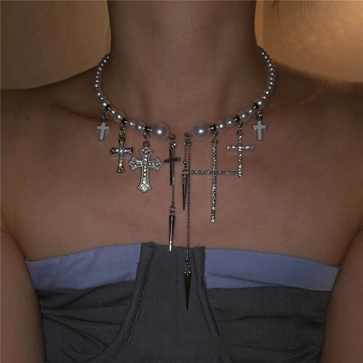 Trendy Cross Rivet Tassel Pearl Beaded Highend Luxury Necklace