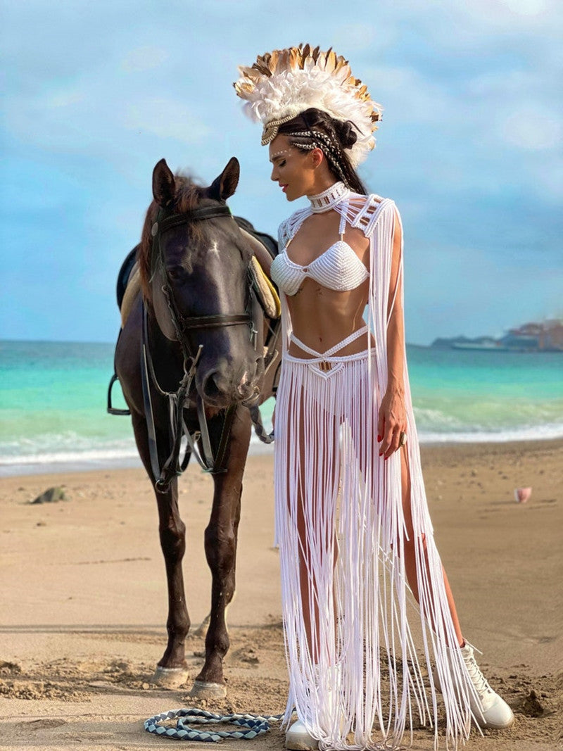 Halter Neck Fringe Tassel Cutout High Slit Maxi Dress