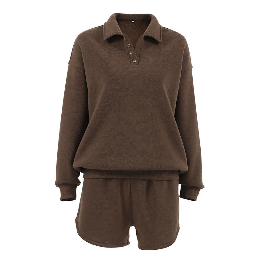 Vintage Chic Brown Relaxed Comfortable Stylish Casual ShortSleeve Fall Suit