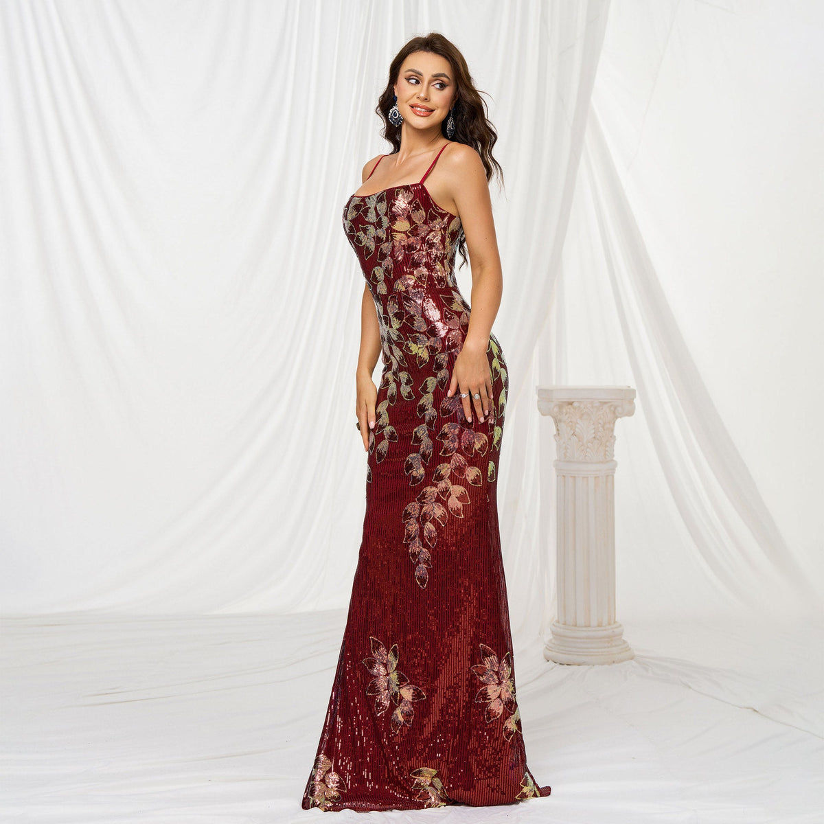 Red Spaghetti Strap Floral Sequin Mermaid Maxi Gown