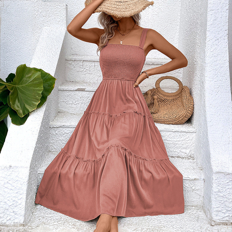 Square Neck Strap Smocked Shirred Tiered A-Line Midi Dress