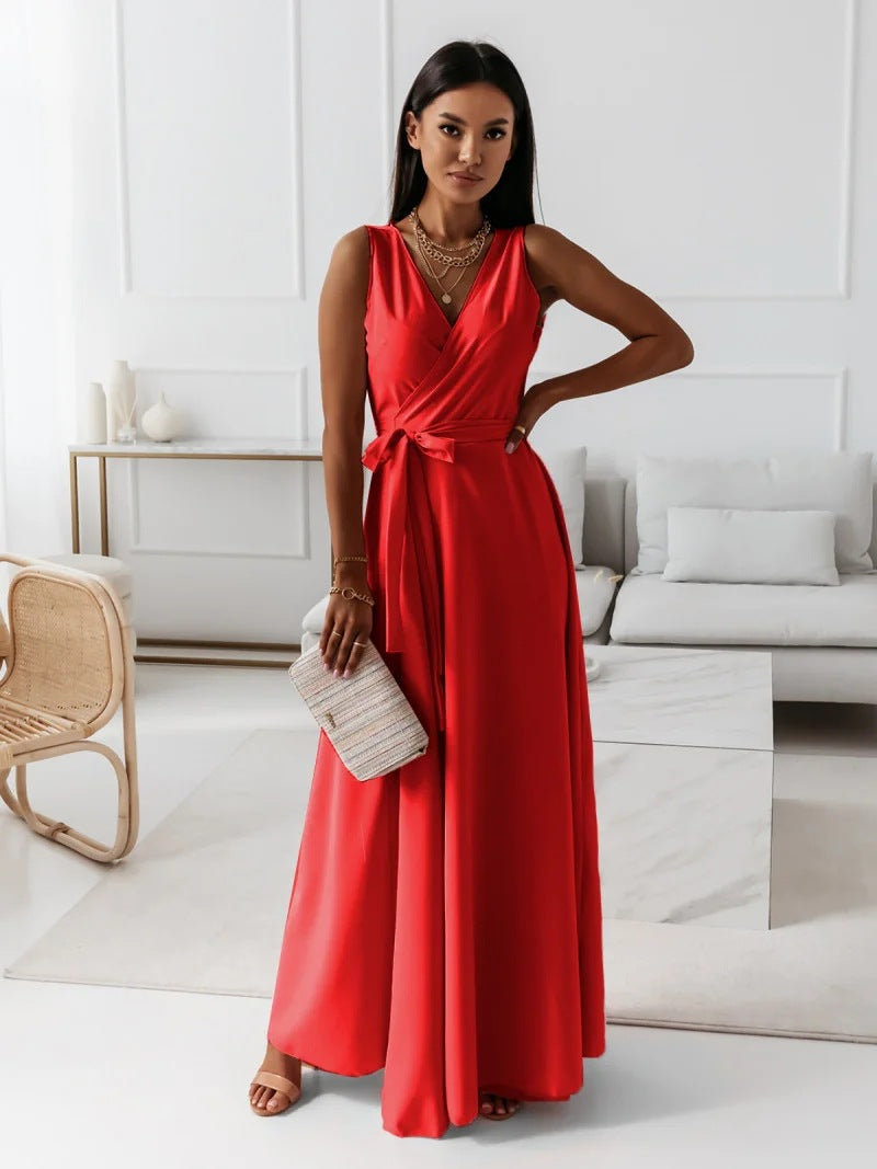 Edvige Timeless Women's Solid Color V Neck Long Dress Elevated Occasion Wear