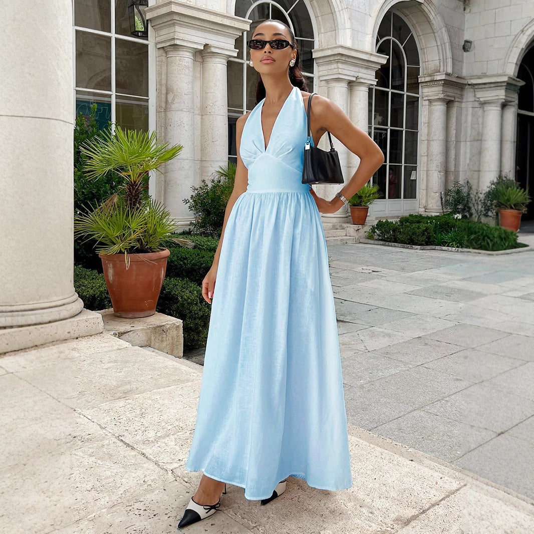 Cotton Waist V-Veck Tie-Down Dress