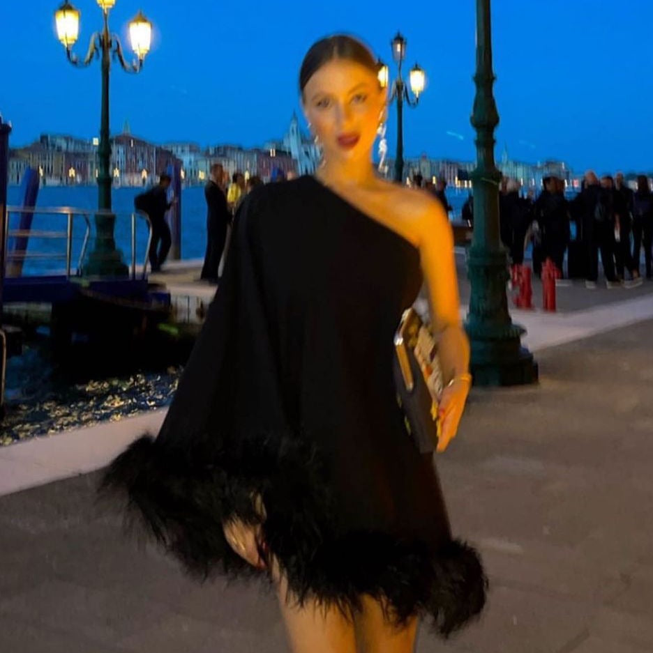 One-Shoulder Flared Sleeve Feather Trim Shift Mini Dress