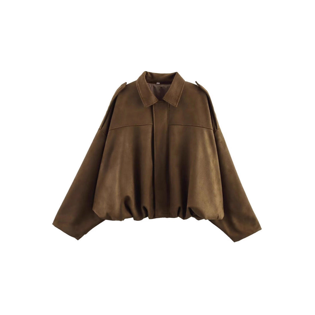 Suede Effect Zip-Up Collared Jacket