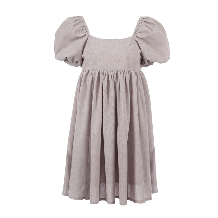 Cute Puff Sleeve Square Neck Linen Babydoll Mini Dress - Khaki