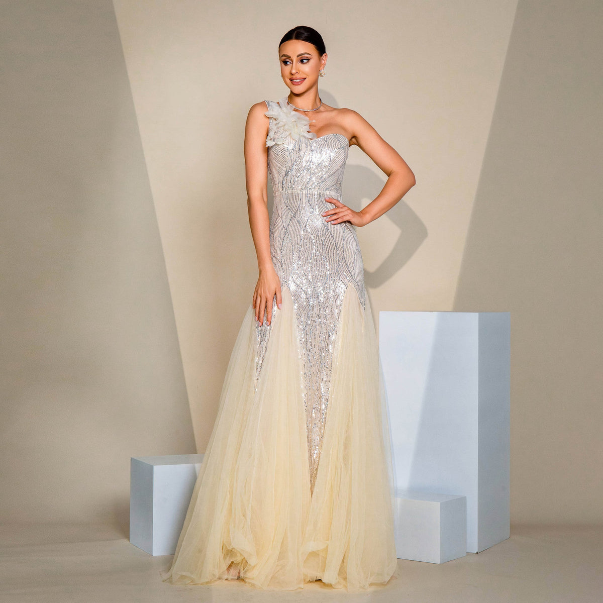 Beige One Shoulder Floral Applique Sequin Tulle A-Line Maxi Gown