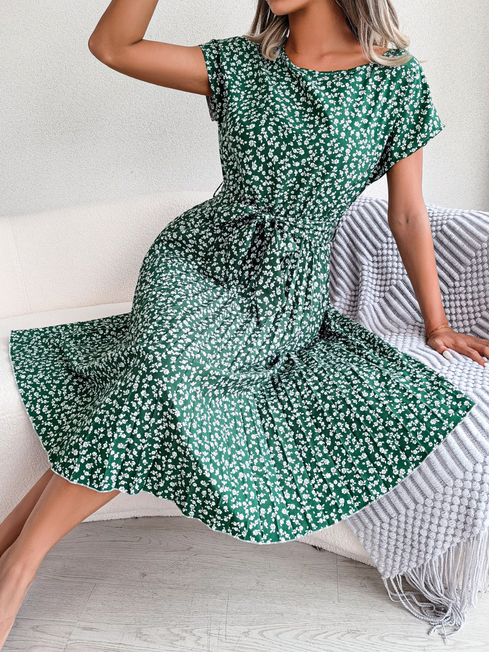 Casual Floral Pleated Dress
