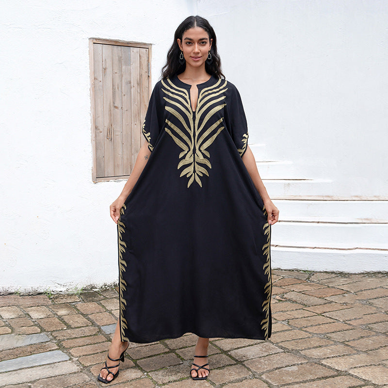 Rayon Embroidered Holiday Loose Maxi Dress Beach Dress Jumpsuit Women Dress Bikini Cover up Blouse