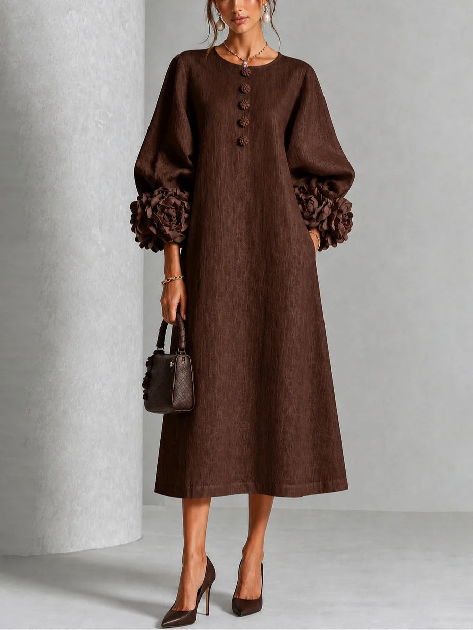 Round Neck Rosette Applique Puff Sleeve Button A-Line Midi Dress 13