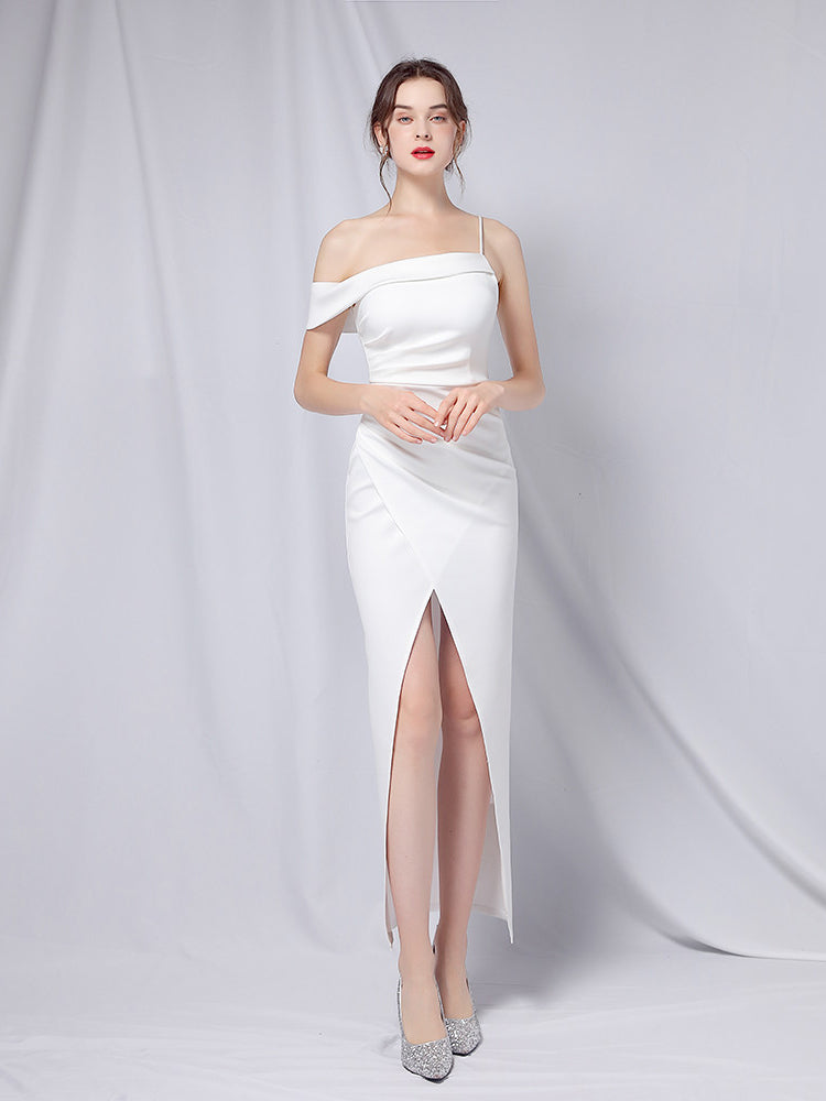 Line shoulder slim banquet evening dress