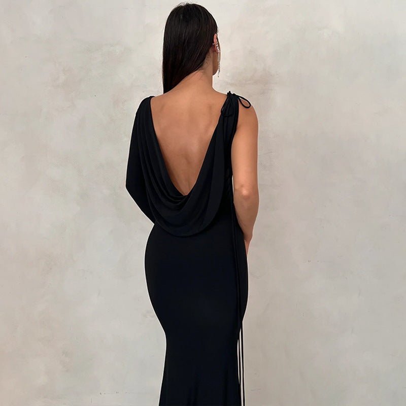Cowl Neck One Shoulder Backless Draped Mermaid Maxi Dress